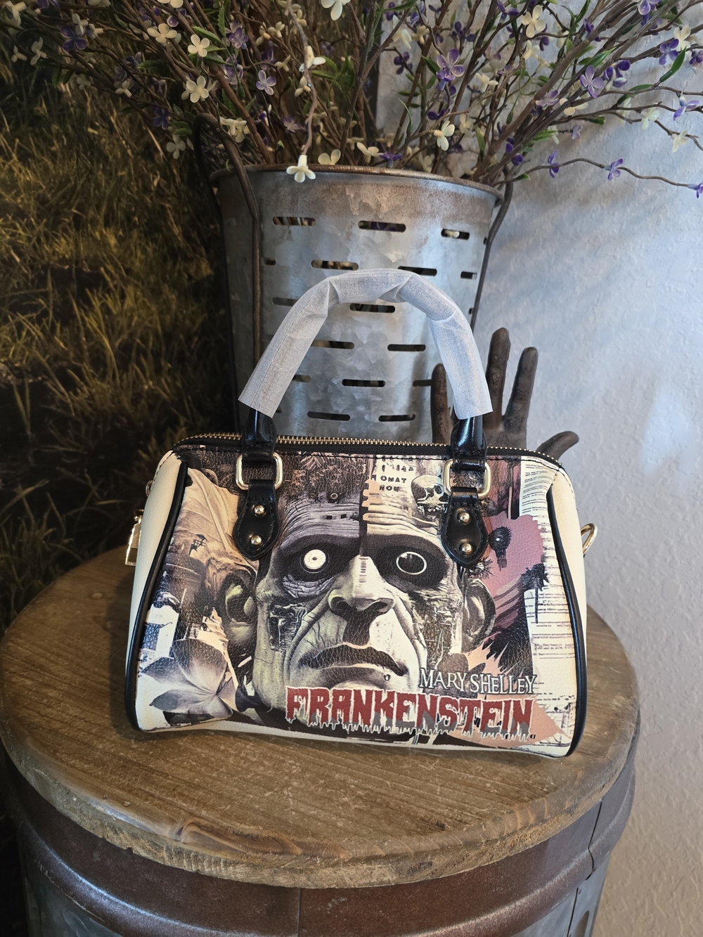 Mary Shelley Frankenstein Graphic Satchel Handbag - White/Black